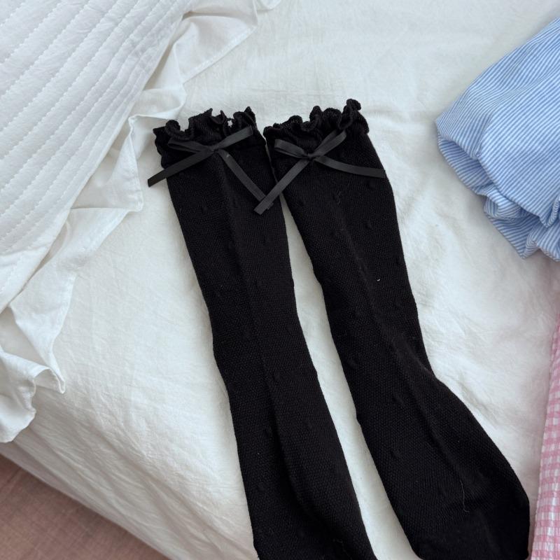 Cute Black Ear-trimmed Mid-calf Socks, Spring and Summer Bow Polka Dot Cotton Socks, Sweat-absorbing and Breathable Boneless Socks for Women