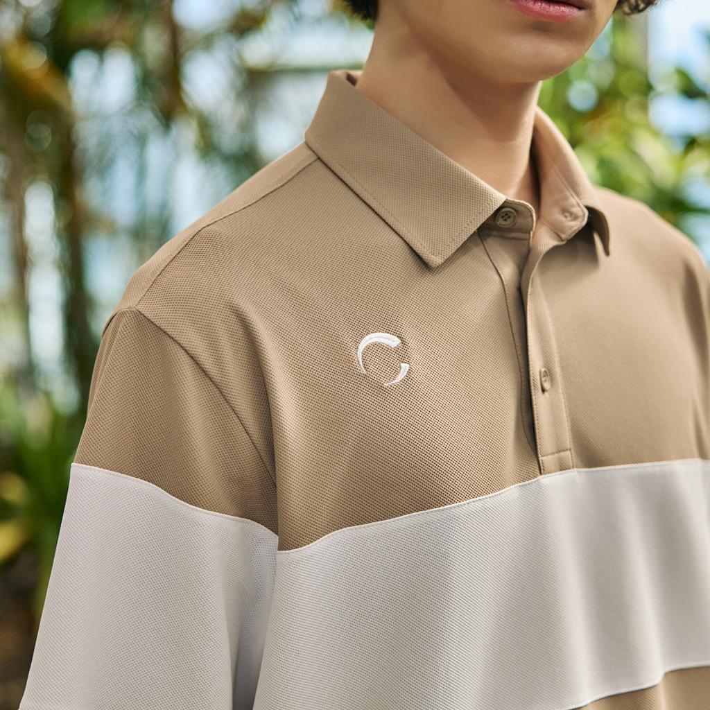 CHALLENGER Men'S Summer Cool Stretch Color Blocking Collared Short Sleeve T-Shirt Beige