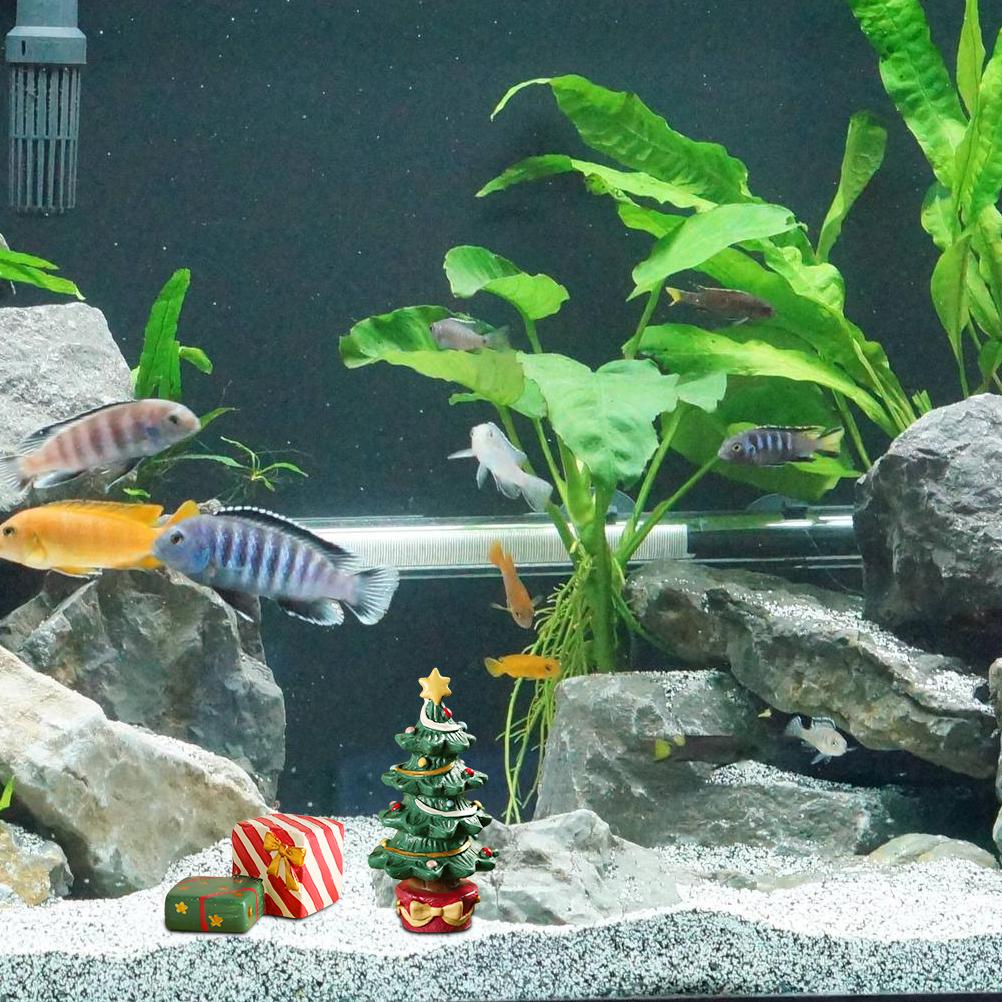 Fish Tank Aquarium Ornament Resin Christmas Tree Gift Box Ornament Christmas Landscaping Decor
