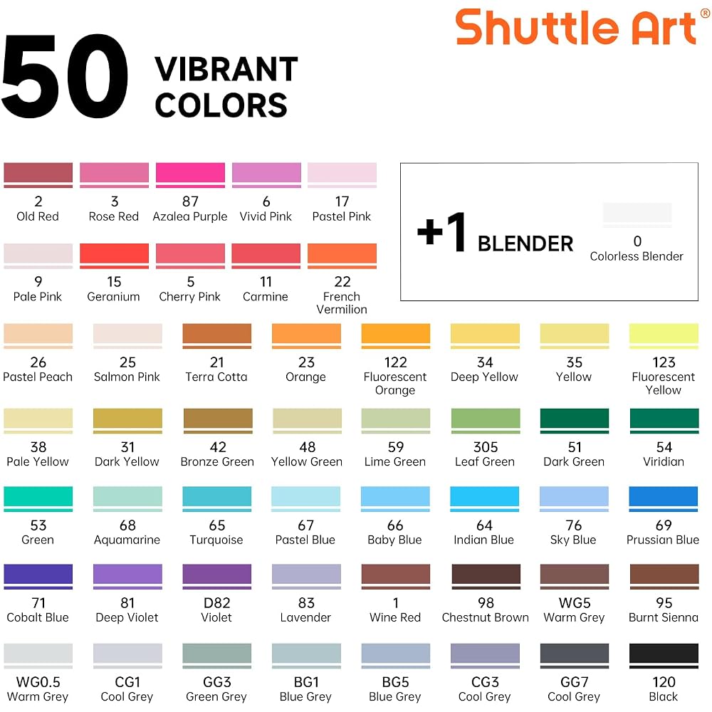 Shuttle Art Illustration Markers 50 Colors Set Brush Tip Twin Alcohol Markers with Carrying Case and Color Chart