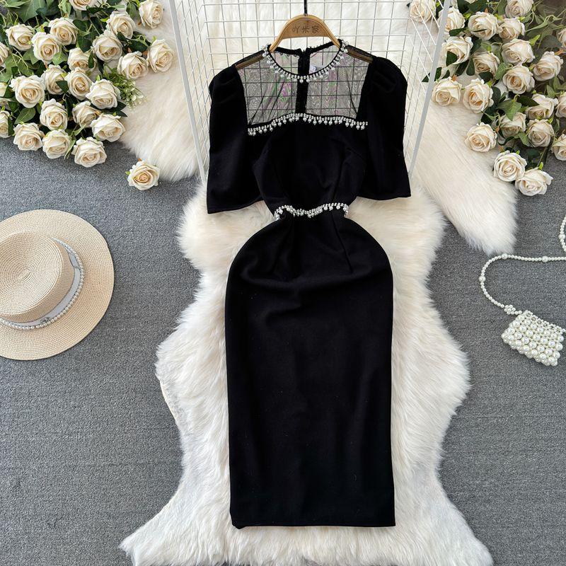

Accessible Luxury Socialite Beaded round Neck Mesh Dress Short Sleeve Black XL