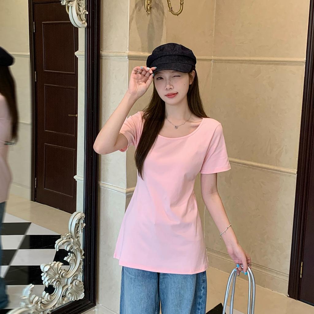 Right Shoulder Summer New Slim Fit Waist Covering Belly Slimming Mid-length Chic Sweet Short-sleeved T-shirt