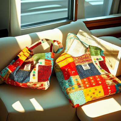 1pc Bohemian Single Shoulder Bag, Large Capacity, Canvas, Checkered Pattern, Mixed Color, with Drawstring Closure and Lining, for Spring, Summer