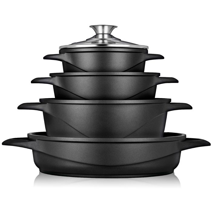 Batterie De Cuisine Induction 8 Pièces Aluminium Fonte 4 Casseroles 4 Couvercles Briebe MGK-17 Noir 93782