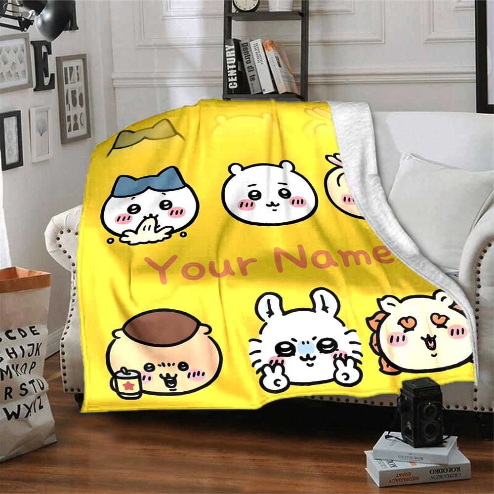 1pc Chiikawa Blanket with Custom Name, Gift, for Men and Women, Soft Blanket, Good for Sofa Bed Couch Travel, Lightweight Flannel Blanket