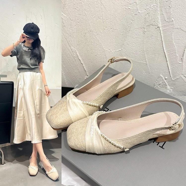 Fashion Mid Heels Women's Sandals Designer Square Toe Bead Shallow Buckle Shoes 2025 Summer New Trend Fad Brand Chunky Chaussures Femme