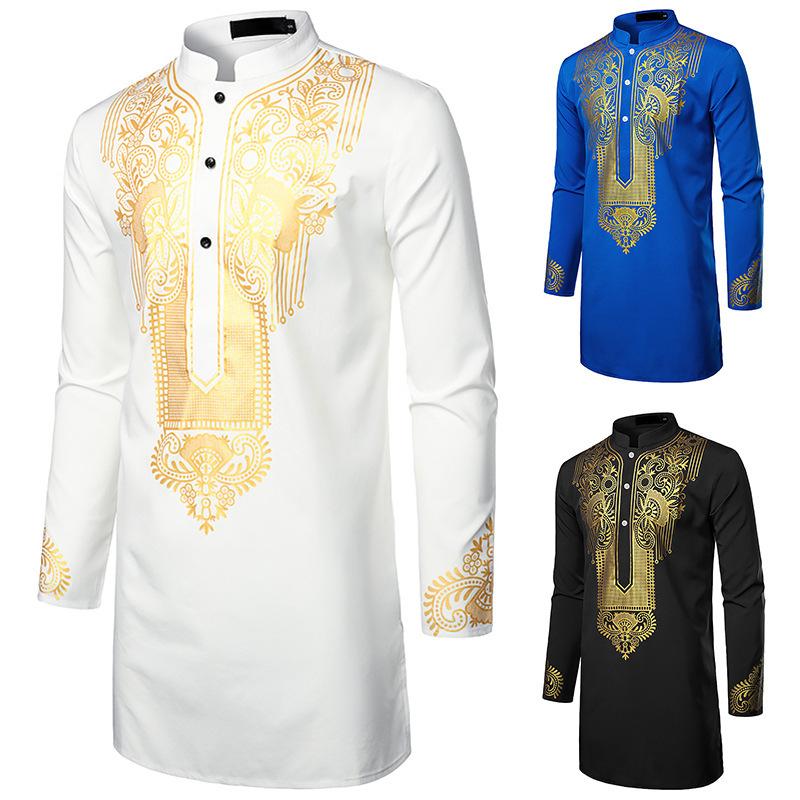 Men Printed Bronzing Shirt Printed Totem Long Shirt African Style Shirt