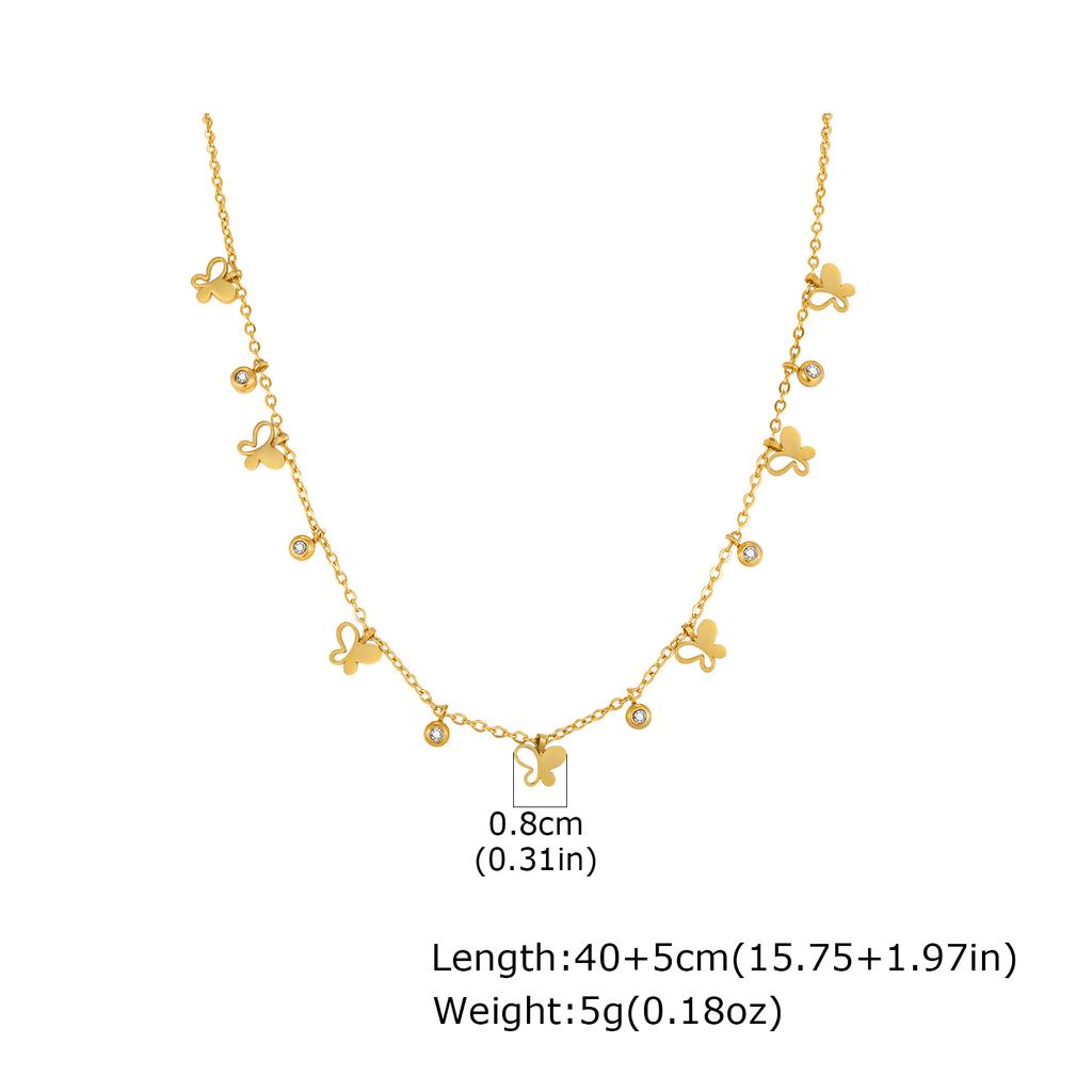 Shiny Zircon Butterfly Pendant Stainless Steel Necklace for Women, Gold Plated Clavicle Chain Neck, Fashion Daily Party Jewelry