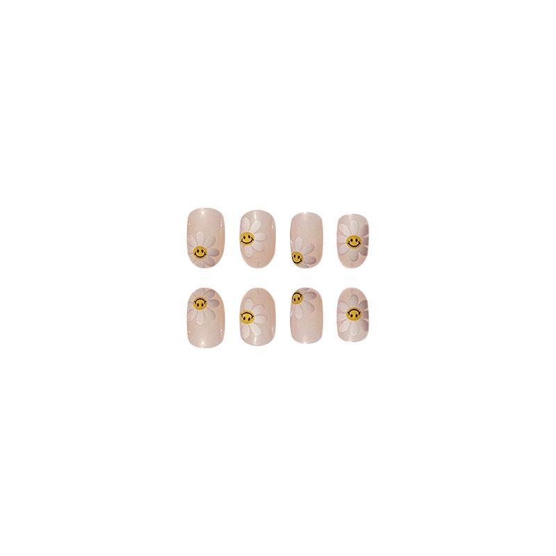 24pcs Press On Nails Short Round Head Light Pink Daisy Flower Manicure Spring and Summer Full Manicure Style Foreign Trade Style Wearable Nails