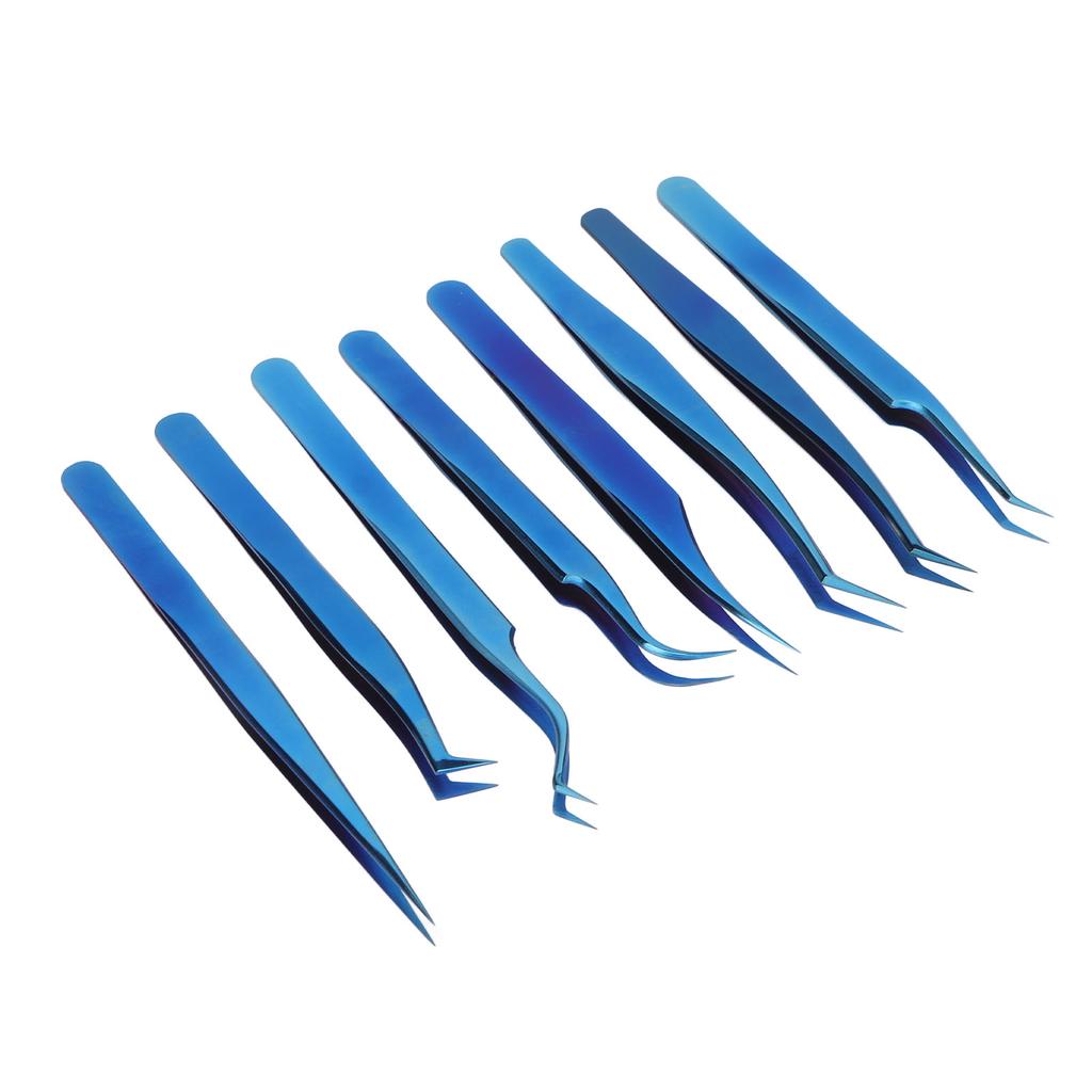 8pcs Eyelash Tweezers Stainless Steel Fine Tip Ergonomic Blue Titanium Eyelash Extension Tweezers