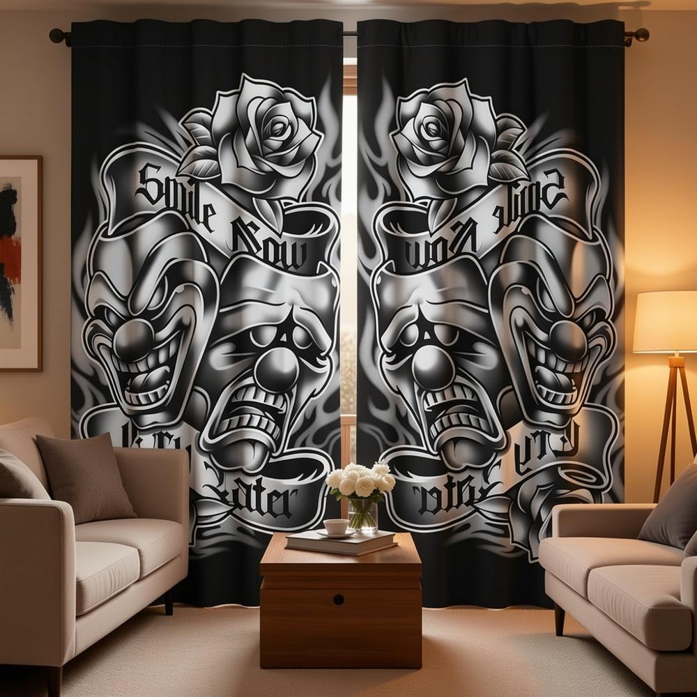 2PCS Digital Print Curtains, Joker Mask Rose, Halloween Gothic