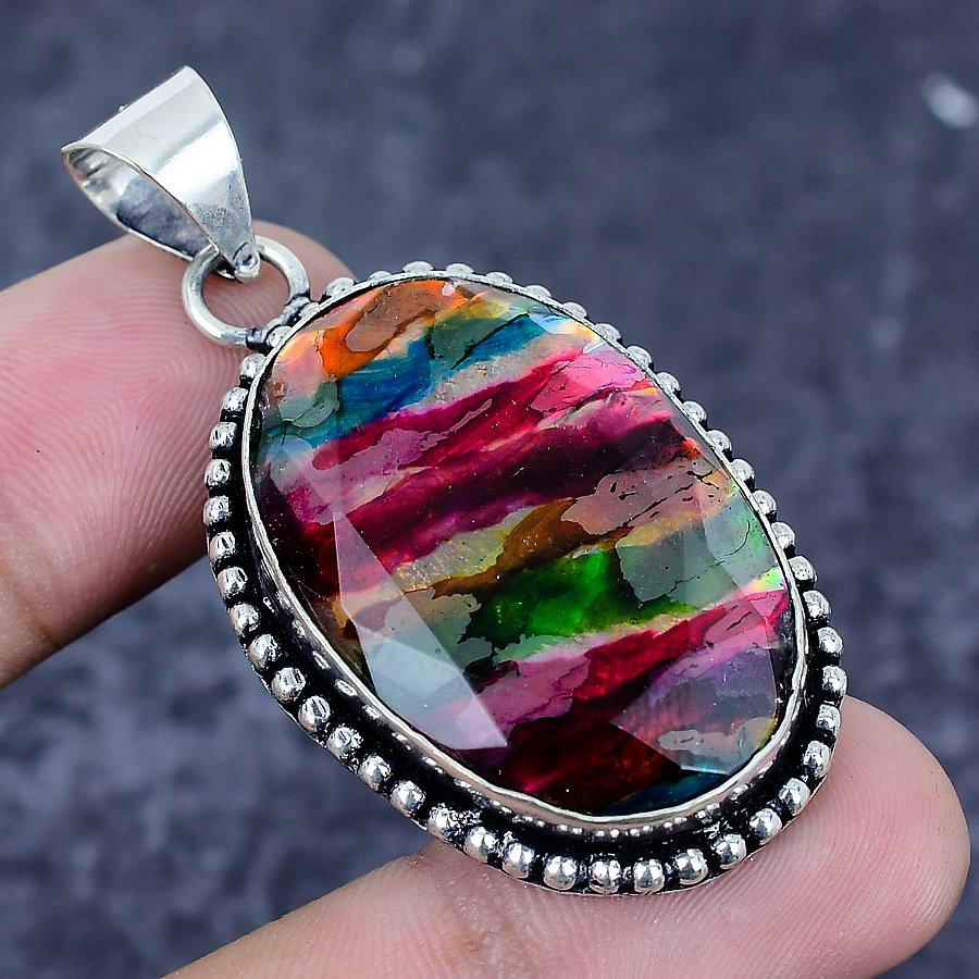 Natural Ammolite Gemstone 925 Sterling Silver Jewelry Pendant 1.97" ETC-13092