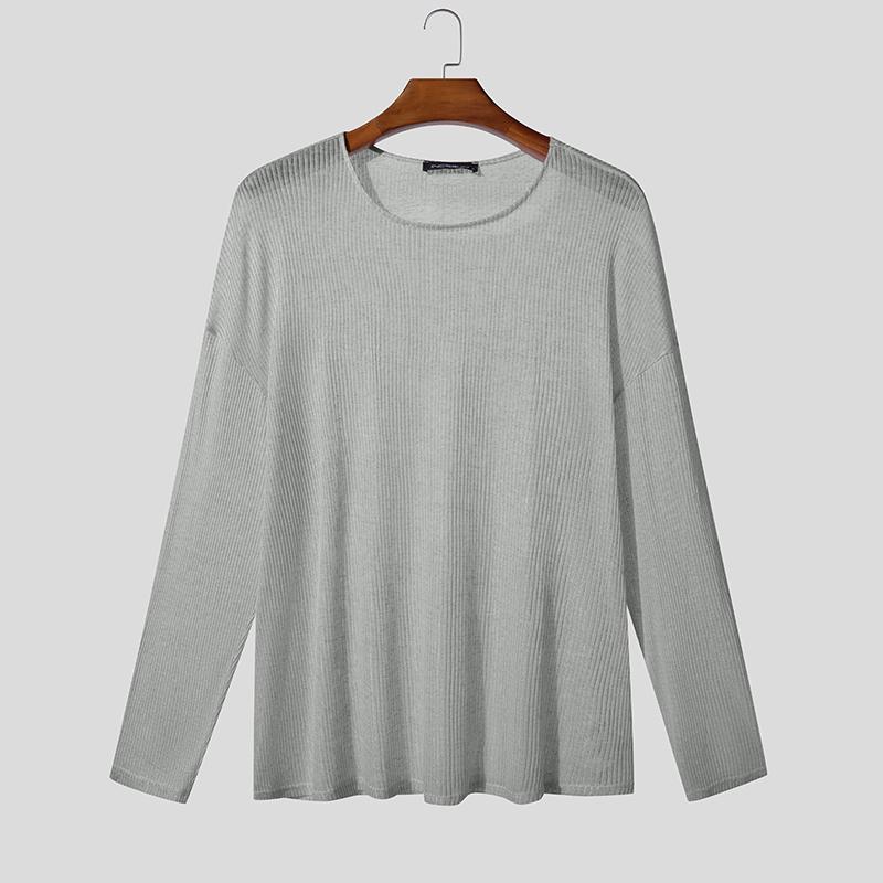 INCERUN Men Scoop Neck Long Sleeve Loose See Through Rib Undershirts Basics Tops