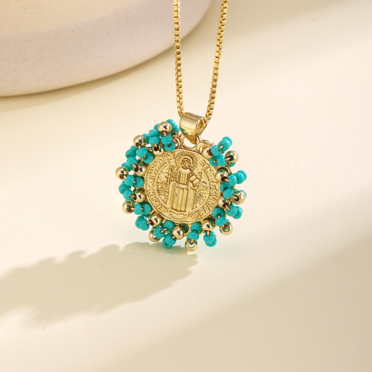 

Nidin New Trendy St. Benedict Medal Pendant Necklace Round Shape Beaded Catholic Protection Jewelry Religious Gift For Men Women светло-синий