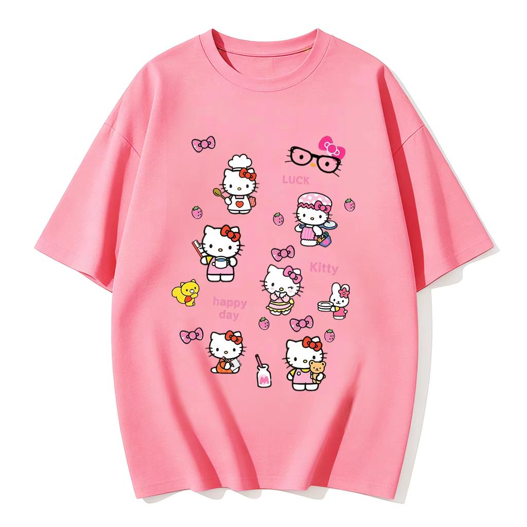 New Summer Cute HelloKitty TShirts Soft Cotton Short Sleeve Tees for Parents Kids Breathable Casual Daily Outfit Tops