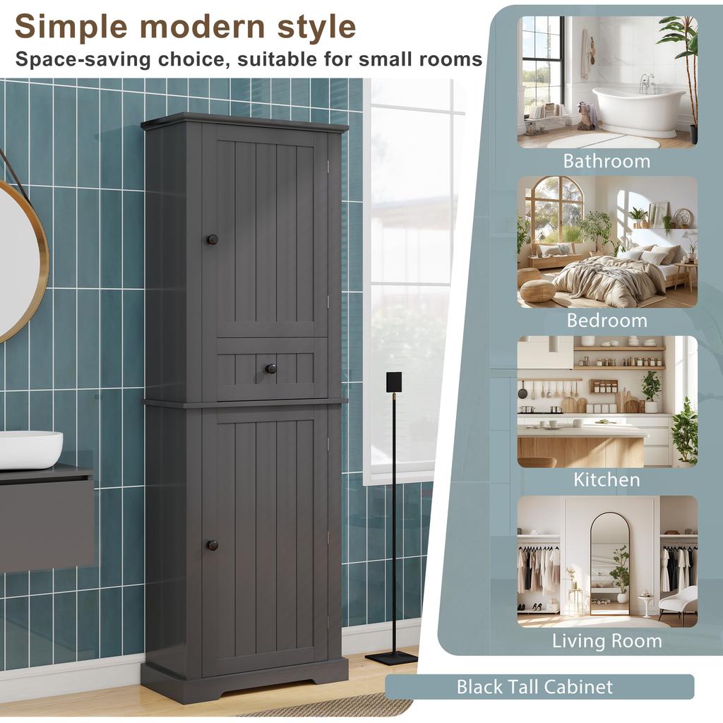 Badezimmerschrank 56 x 28 x 167,3 cm, feuchtigkeitsbeständig lackiert, Ober- und Unterschrank + mittleres Fach, verstellbare Einlegeböden, schwarze Griffe.