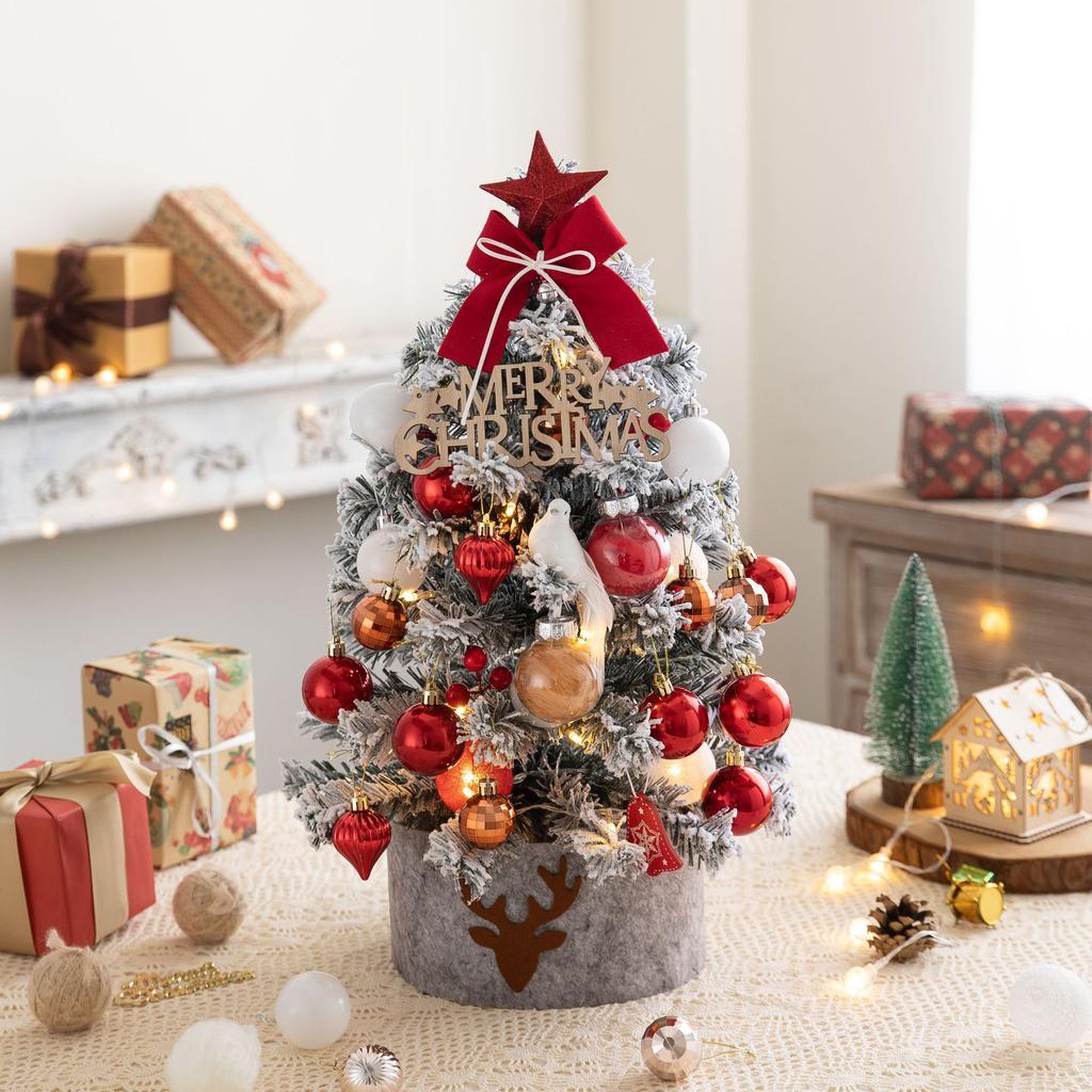 For 45/60cm Mini Christmas Tree With Lights DIY Desktop Golden Red Christmas Decorations 2025 New Year Home Party Windows Orname
