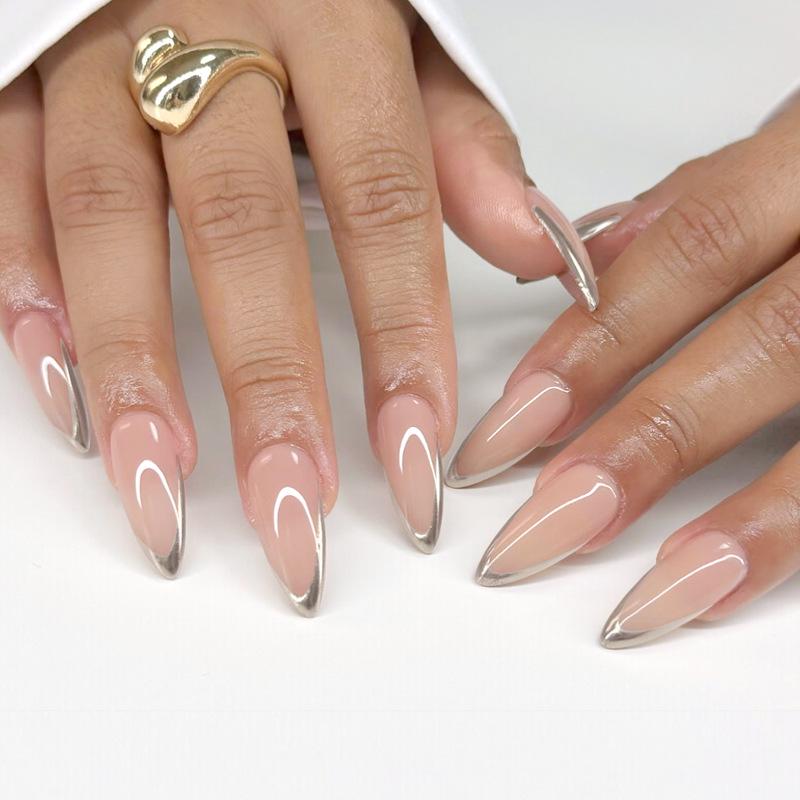 

Nude Gold Edge French Manicure Press-On Nails - 24 Pre-Made Stickers (European & American Styles) Glue Version