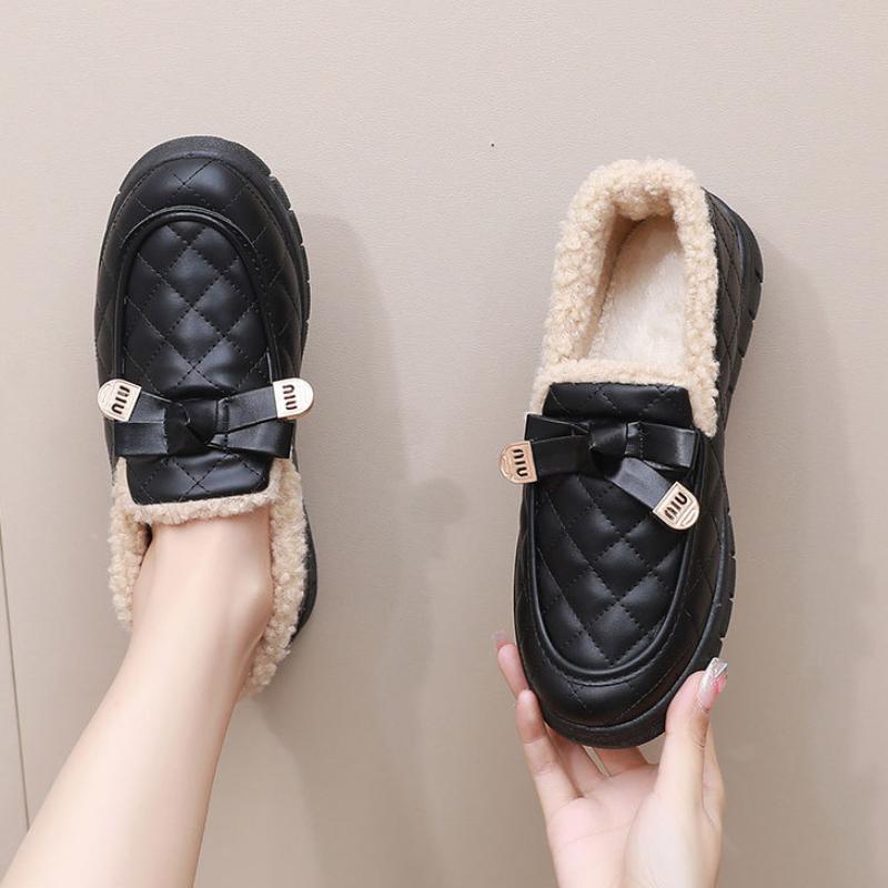 New Retro Plush Butterfly-knot Women's Boots Sweet Winter Warm Elegant Overshoes Womens Round Toe Geometric Plush Casual Boots