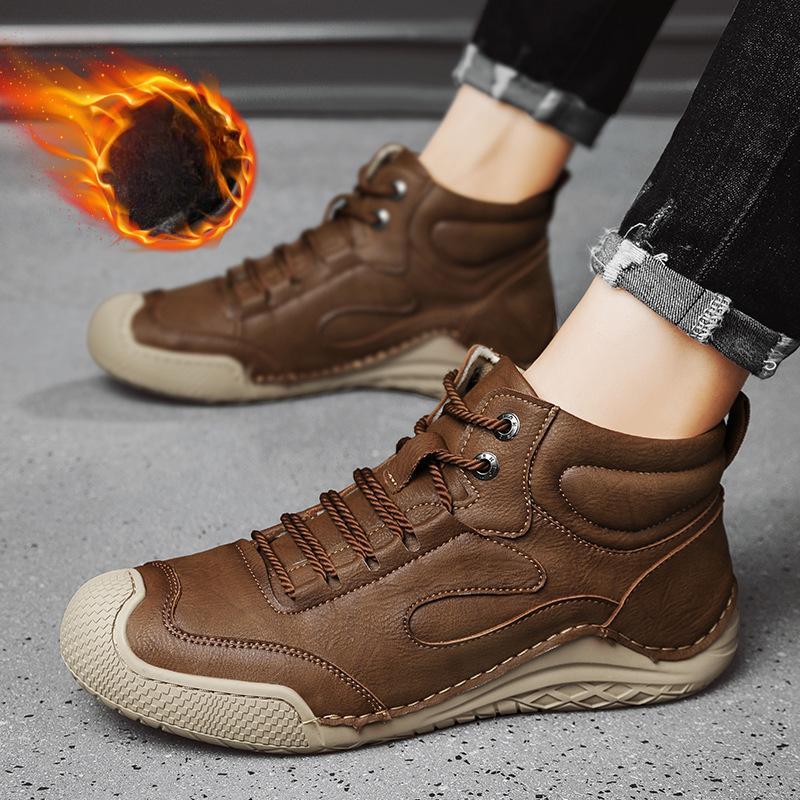 Large Size Men's Shoes Hand-sewn Medium and High Top Casual Shoes Leather Flat Bottom Outdoor Tooling Boots