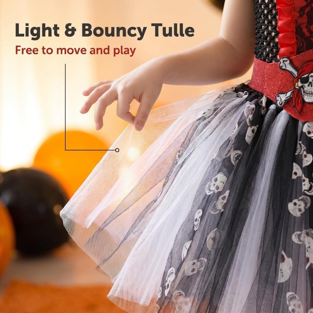 Kids Pirate Costume Dress with Tutu Skirt Skull Print Adjustable Straps and Accessory Set for Halloween Costume Party Role Play