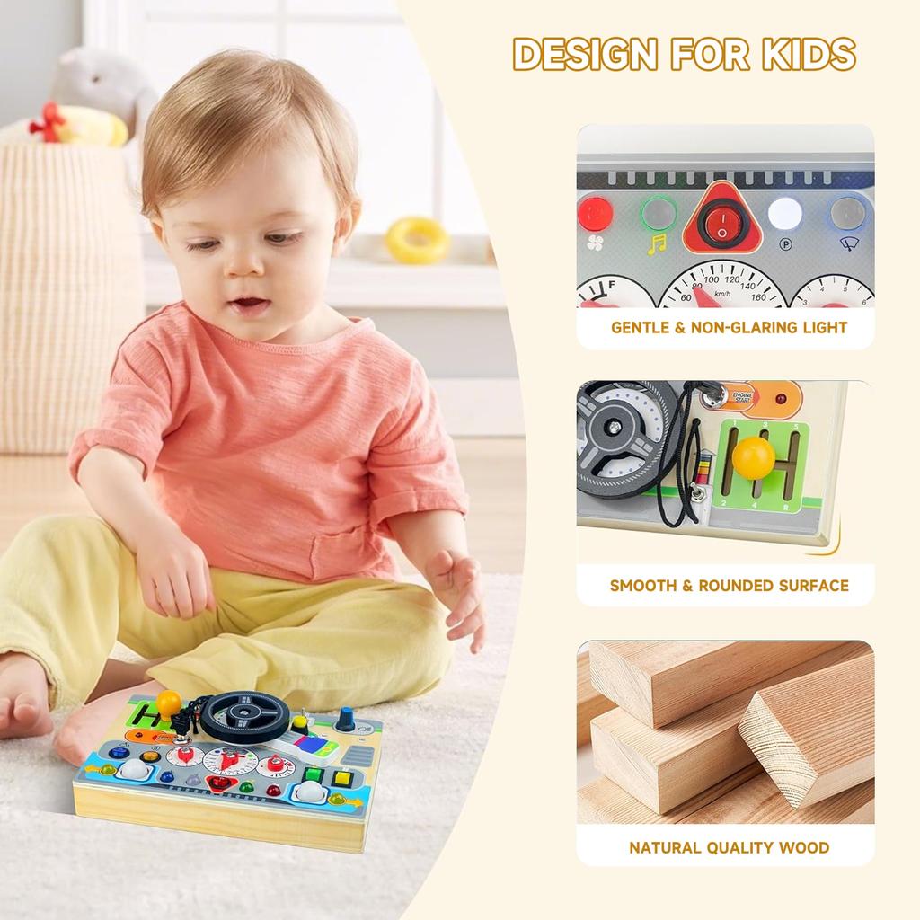 Morovan Montessori Busy Board, Sensorisches Aktivitätsbrett mit Schaltern Knöpfen, Reisespielzeug für Kleinkinder Jungen Mädchen, 21,5x14,5x3cm, Mehrfarbig