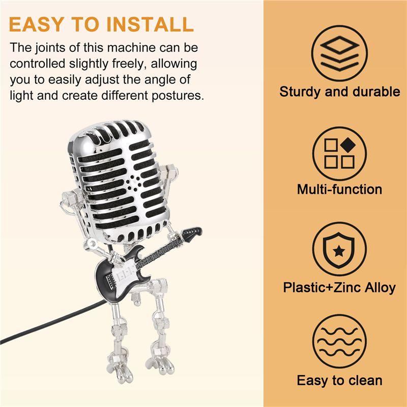 Premium-Mic Robot,Retro Style Microphone Robot Table Lamp,Holding Guitare Night Light,Vintage Microphone Robot Desk Lamp