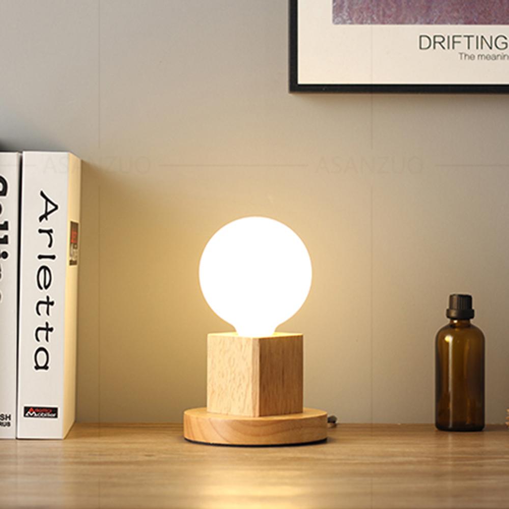 220V Retro Wood Table Lamp E27 Socket Vintage Desk Lamp Base Holder EU Plug Bedside Lamp Decor Wooden Base Table Light