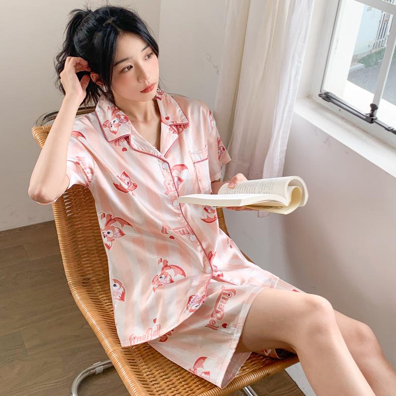 The Same Summer Pajamas Women'S Lapel Cardigan Short-Sleeved Shorts Loungewear Suit Lingna Belle