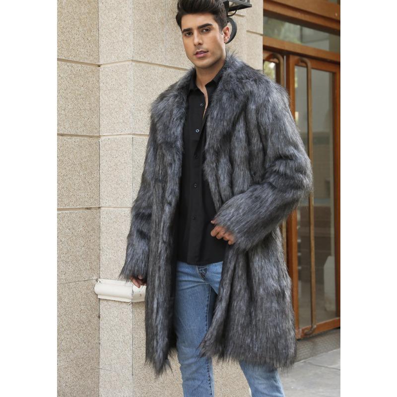 Cappotto Lungo Oversize alla Moda da Uomo Invernale in Morbido Ecopelliccia con Collo a Revers Caldo