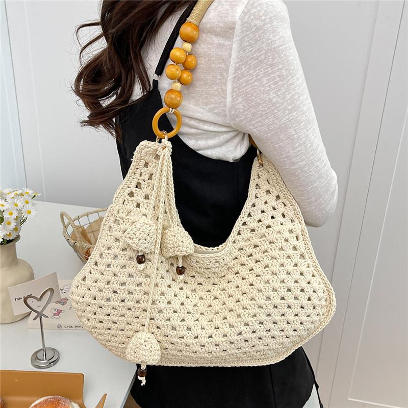 Hand-woven Straw Tote Bag With Wooden Bead Handle Large Capacity Summer Beach Shoulder Bag Casual Hollow Vacation Crochet Bag
