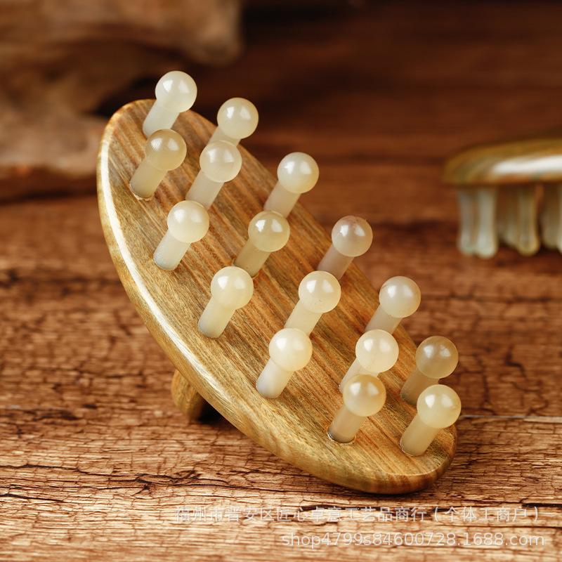 Sandalwood Horn Serrated Ring Massage Comb for Full Body Meridian Therapy