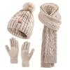 2025 Winter Beanie Hat Scarf Gloves Set for Women, Pom Pom Fleece Lined Hat Long Scarf Neck Warmer Touchscreen Gloves for Cold Weather