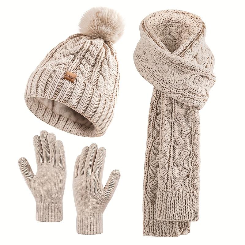 2025 Winter Beanie Hat Scarf Gloves Set for Women, Pom Pom Fleece Lined Hat Long Scarf Neck Warmer Touchscreen Gloves for Cold Weather