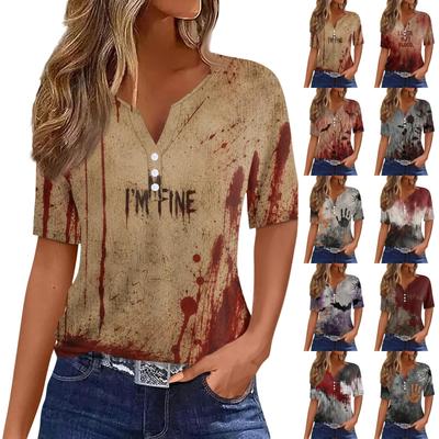 Damen Freizeit V-Ausschnitt Kurzarm Knopf T-Shirt Halloween Print Top Leicht Bequem Passt Stylisches Design