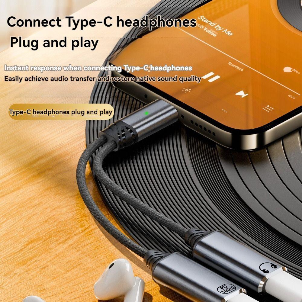 2 in 1 Dual Type-C Earphone Adapter PD 100W HiFi Music Heaphone Converter Data Transfer Wire Control Cable Mobile Phone