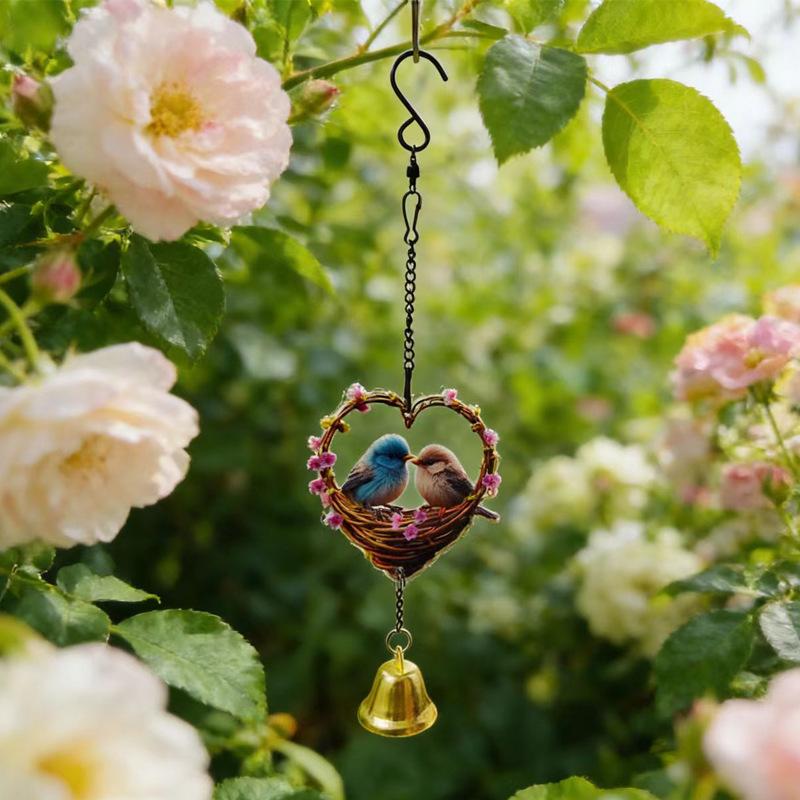 2D flat heart-shaped bird wind chimes with bells, bird heart wind chimes, flat pendants, Valentine's Day gifts