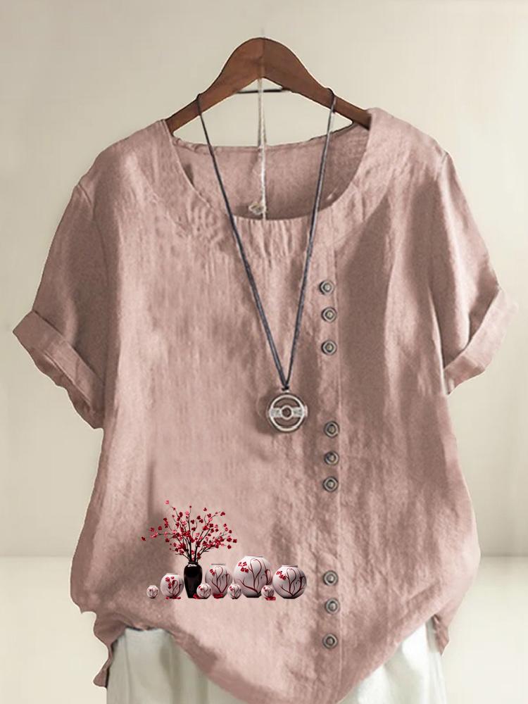 

Women s Fashion Vase Print Casual Cotton Linen Short Sleeve Round Neck T-shirt Shirt Leisure Loose Summer Blouse Tops S розовый