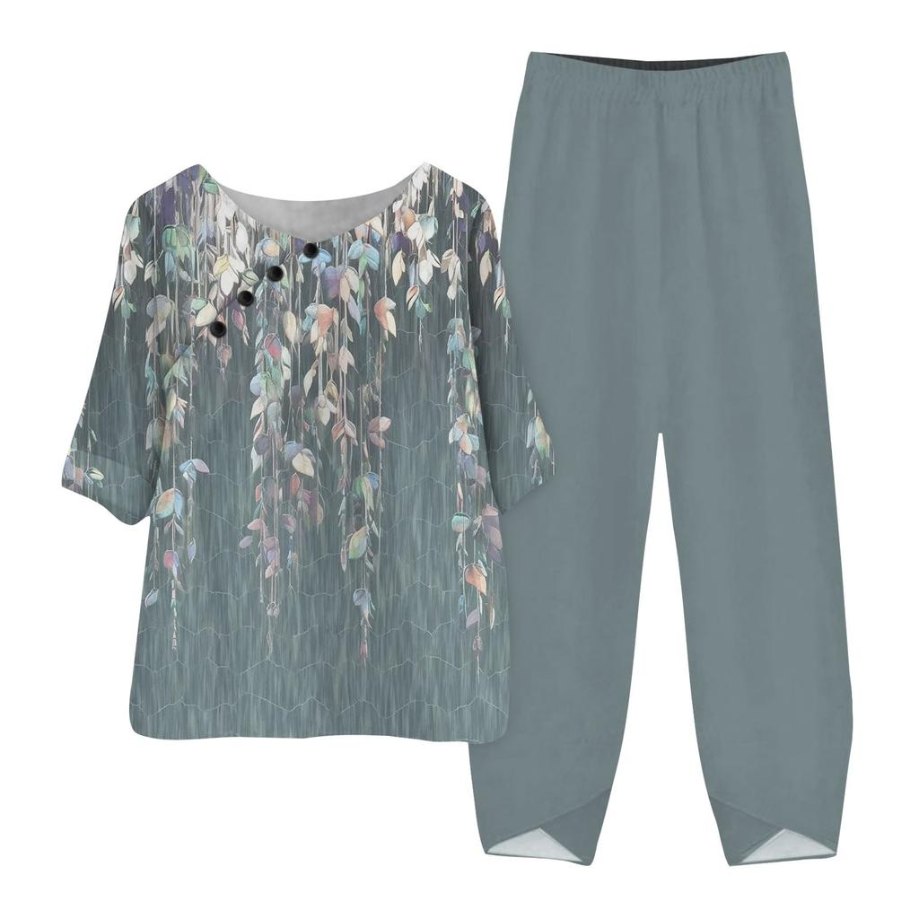 Women's Summer Half Sleeve Printed Tops Elastic Waist Nine Piece Pants Two Piece Set