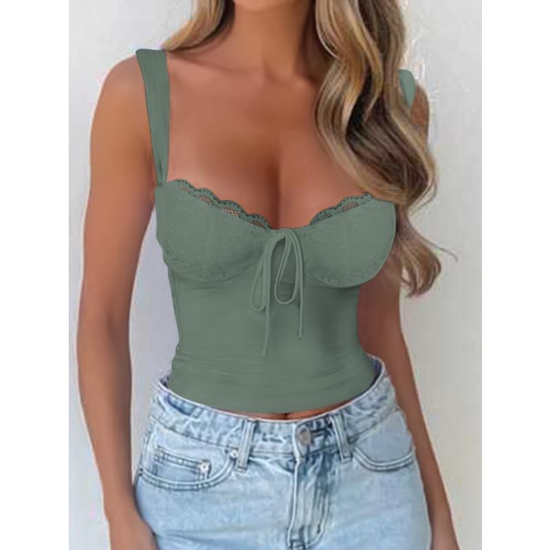 Women Lace Trim Bow Tie Wide Strap Fitted Corset Cami Top