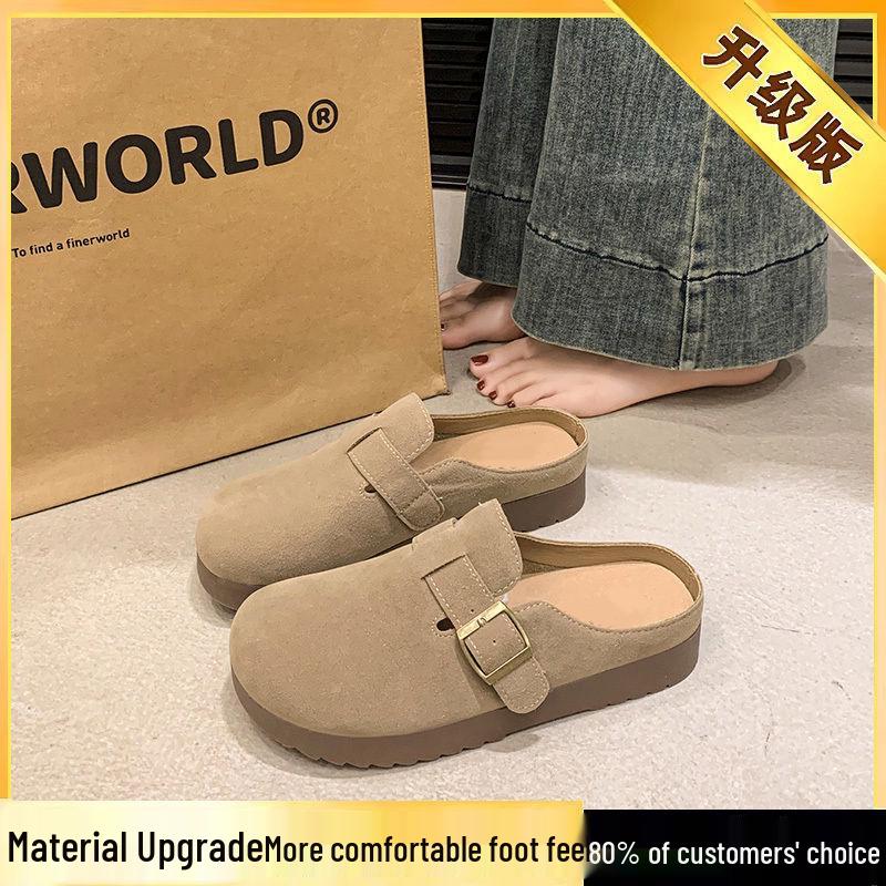 2024 Women's Fleece Half-Slippers: Closed-Toe Flat Birkenstock Style, Perfect for Pregnant Women & Outdoor Wear