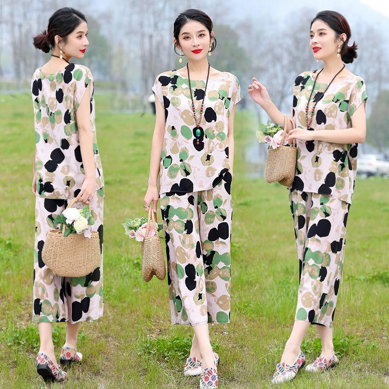 Cotton Silk Two Piece Set Womens Summer Outfit Loose Short Sleeve T-shirt and Pants Casual Trendy Plus Size