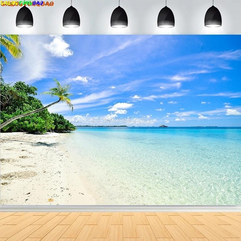 Tropical Beach Sea Ocean With White Cloud Blue Sky Photography Backdrops Sandy Palms Trees Island Background BU-01