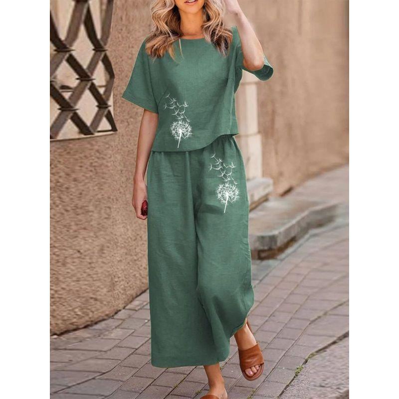 Crew Neck Short Sleeve Sleeve Printed Suit round Neck Short Sleeve Print Cropped Pants Two-piece Set