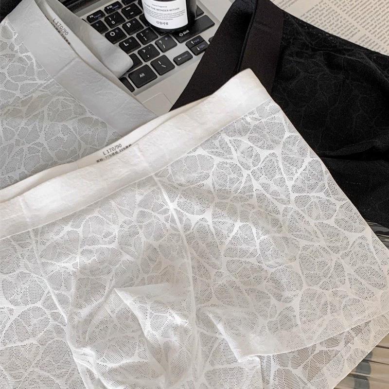 1PC Ice Silk Quick Dry Men Boxer Briefs Breathable Shorts Boxers Fashion Underpants Lace Jacquard