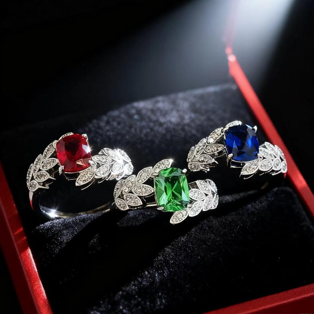 Leaf Style Emerald Open Ring Women'S Swing Arm Cross Leaf Design Green Zircon Ring Jewelry