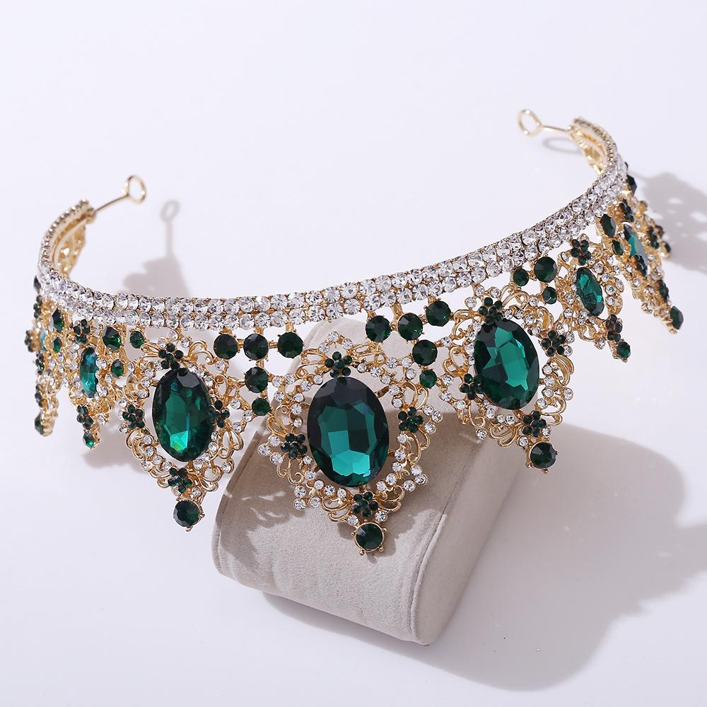 Luxury Big Rhinestone Bridal Tiaras Crown Baroque Green Crystal Diadem For Bride Headband Wedding Hair Jewelry Dress Accessories