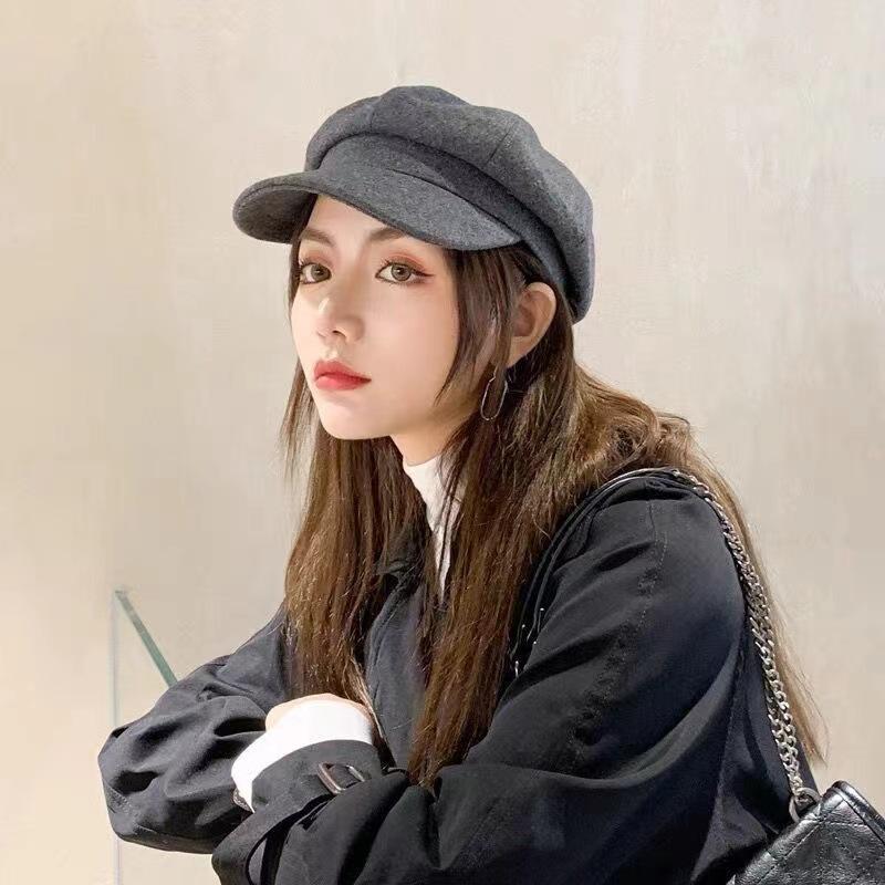 Female Beret Fashionable All Match Warm Cap Big Head Encircle French Antique Octagonal Hat