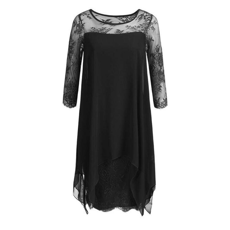Elegant Chiffonkåpe med Blondeapplikasjoner for Kvinner 3/4 Ermer Knelengde Motebevisst Midilengde Kjole