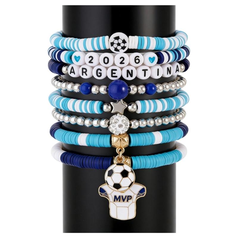 2026 Football Bracelet Set For Soccer Fan With Team Color And Football Charm Elastic Wristband